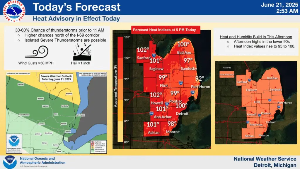 a screenshot of a weather forecast - Michigan Heat Advisory