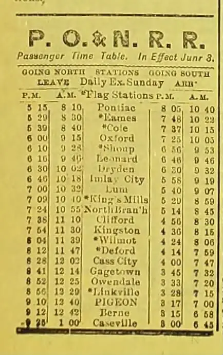 Pontiac, Oxford and Northern Train Schedule