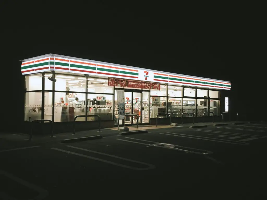 a store front at night