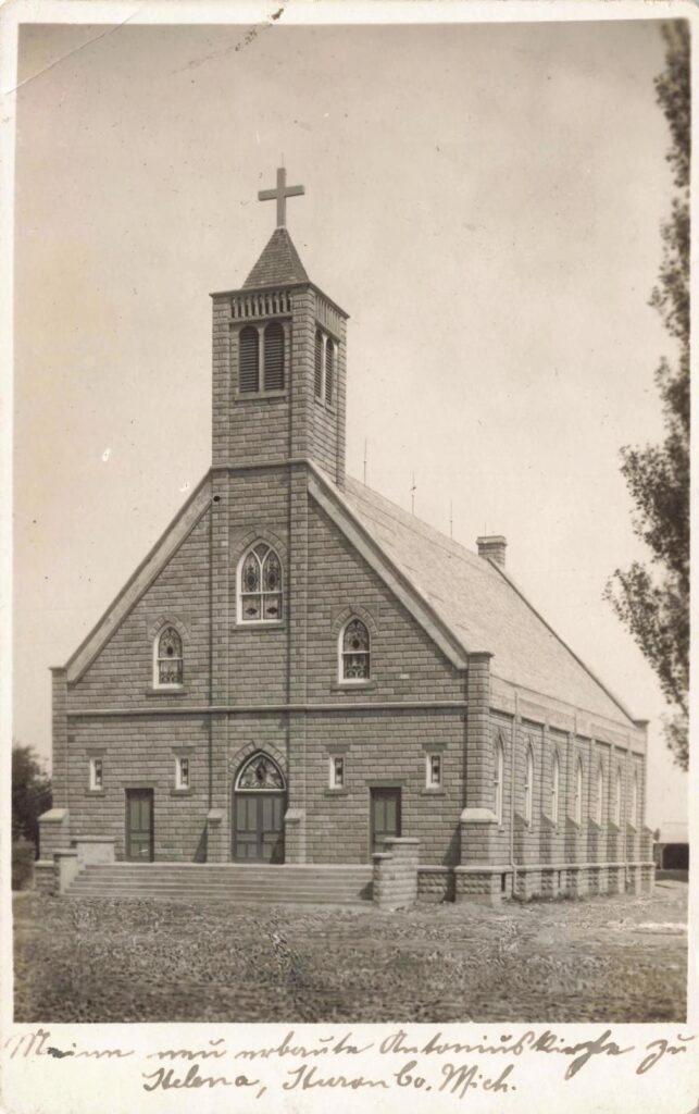 Figure: St. Anthony of Padua Catholic Church in Helena (the “Antoniuskirche zu Helena, Huron Co. Mich.”), early 20th-century postcard. The German caption reflects the predominantly German heritage of the parish’s founders.