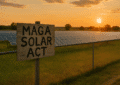 a sign on a fence with a field of solar panels in the background