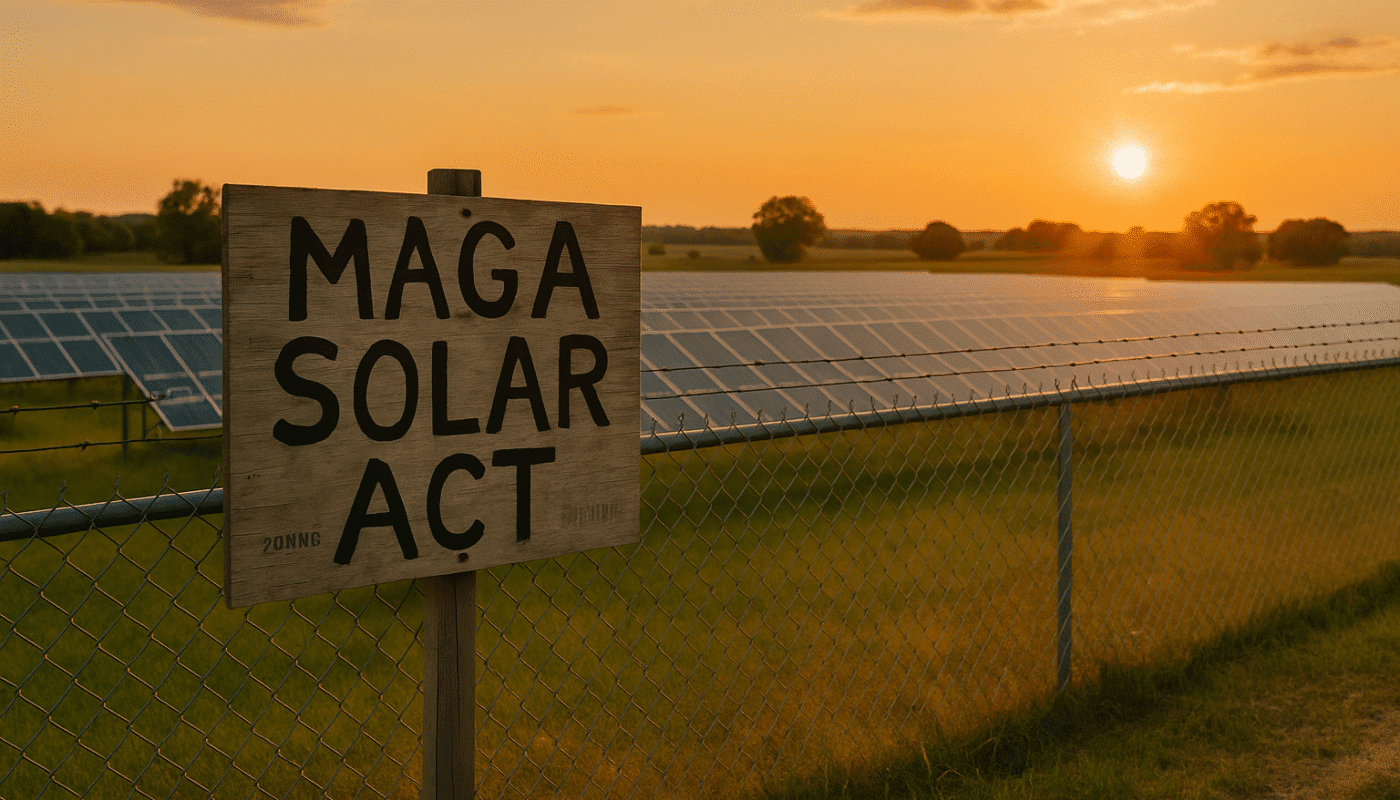 a sign on a fence with a field of solar panels in the background