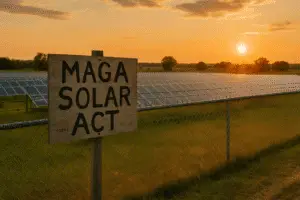 a sign on a fence with a field of solar panels in the background