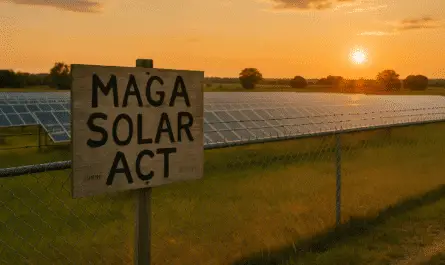a sign on a fence with a field of solar panels in the background