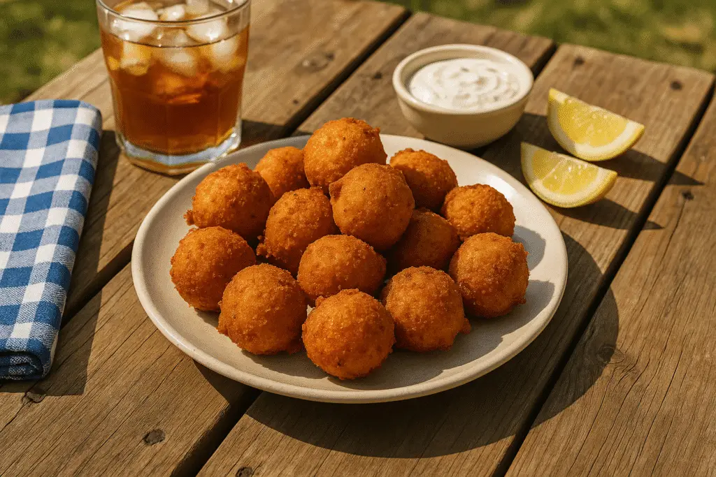 Great Lakes Style Hush Puppies - a plate of fried food and a glass of ice
