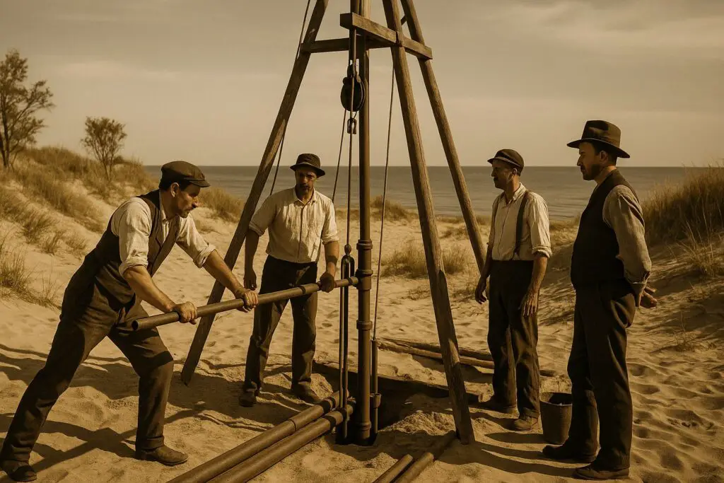 a group of men working on a structure