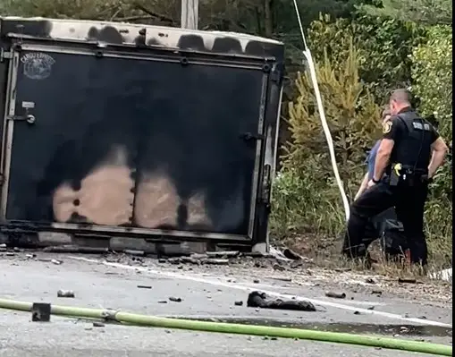 a fireman looking at a truck that has burned out