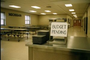 a sign on a table in a school