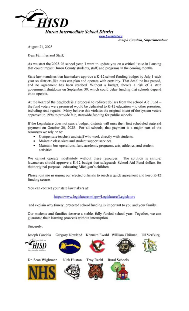 letter about Michigan K-12 School Funding