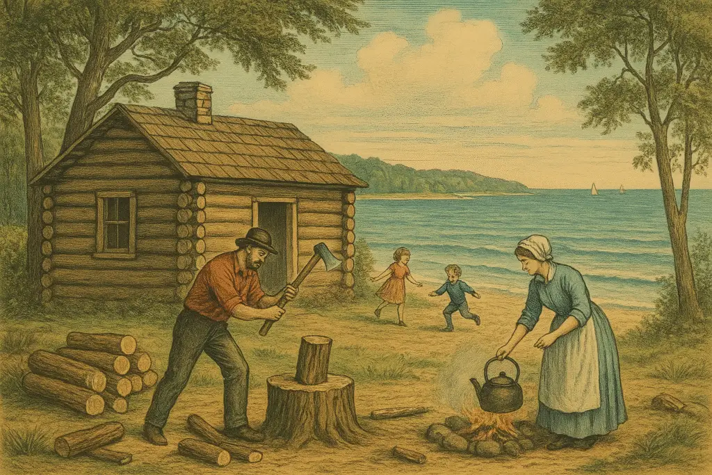 a man and woman chopping wood in front of a log cabin