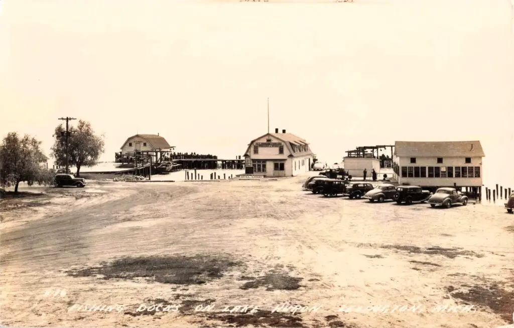 a group of buildings and a dock