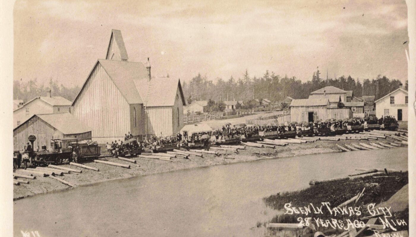 a group of people in front of a church