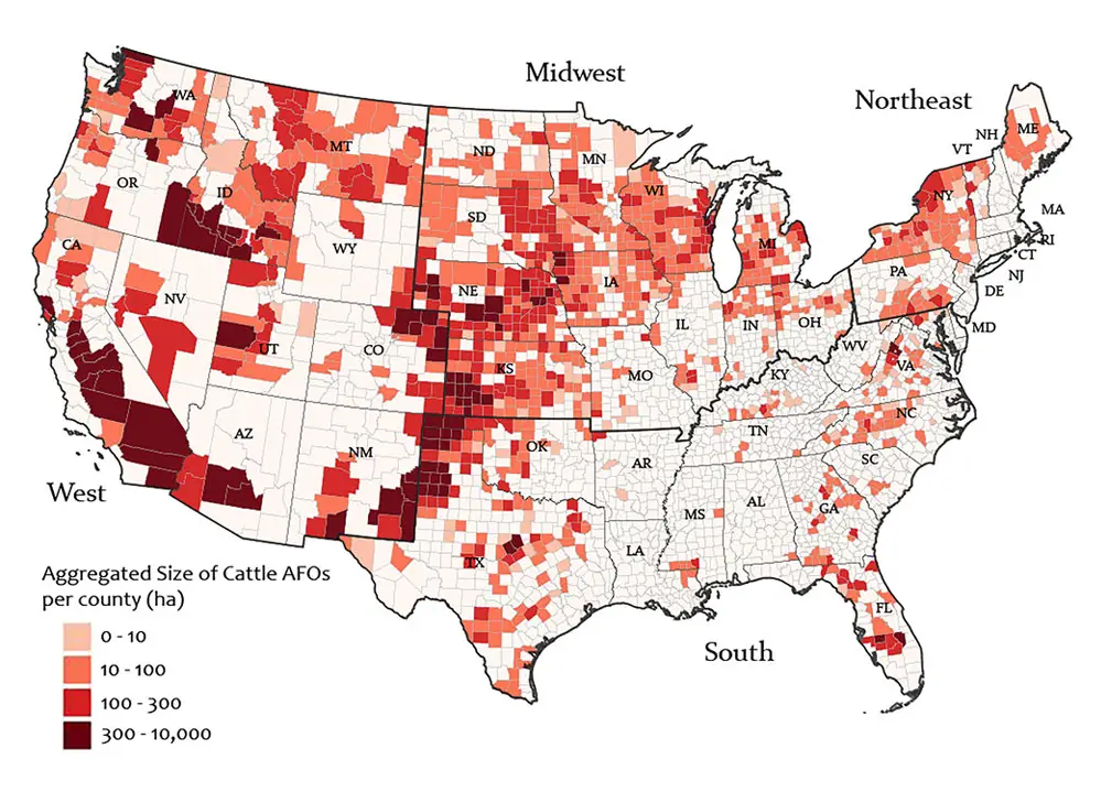 a map of the united states with red squares animal feeding operations