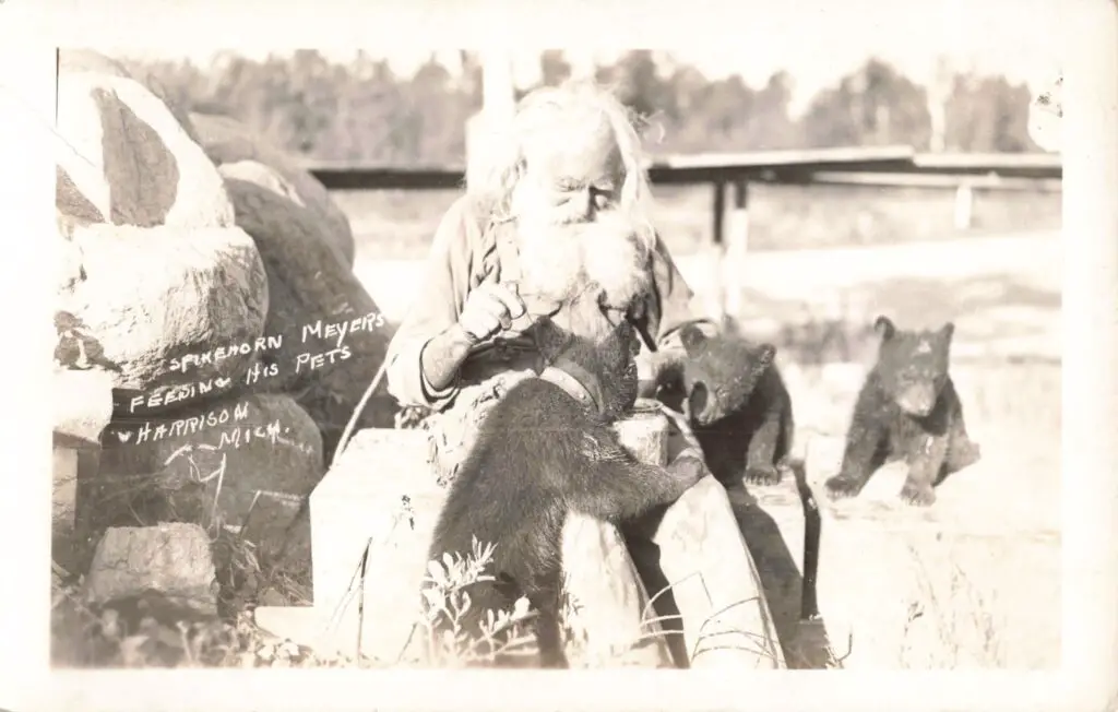 a man with a beard and a beard sitting on a log with bears