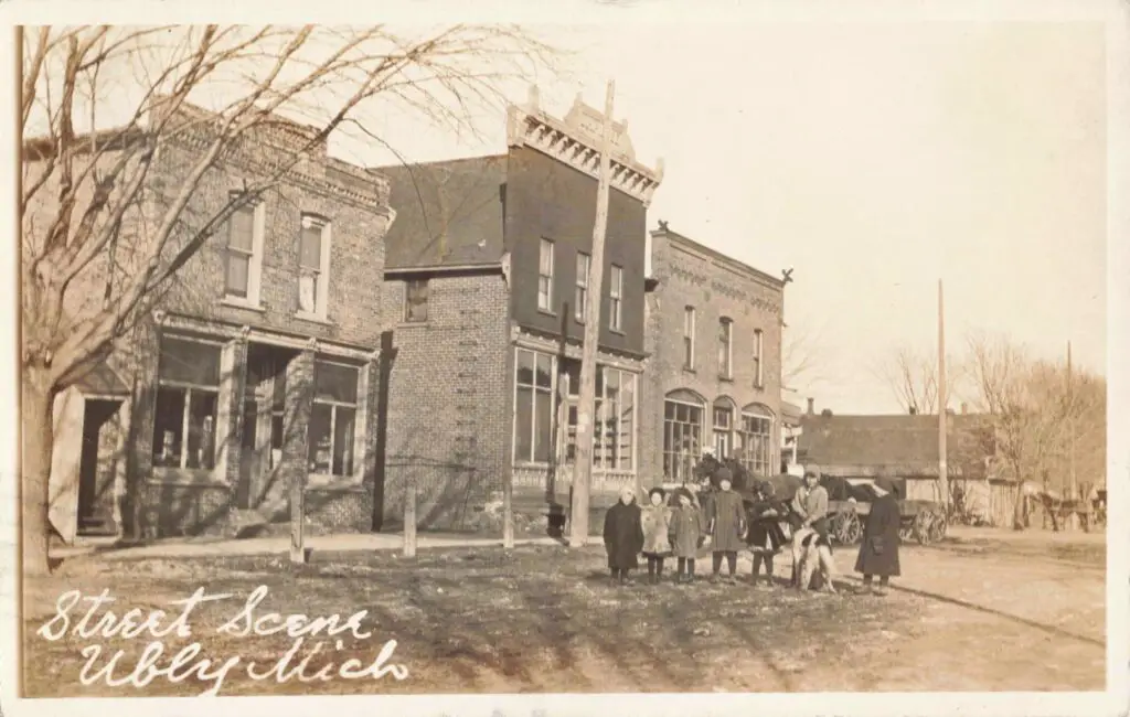 Historic street scene with children.