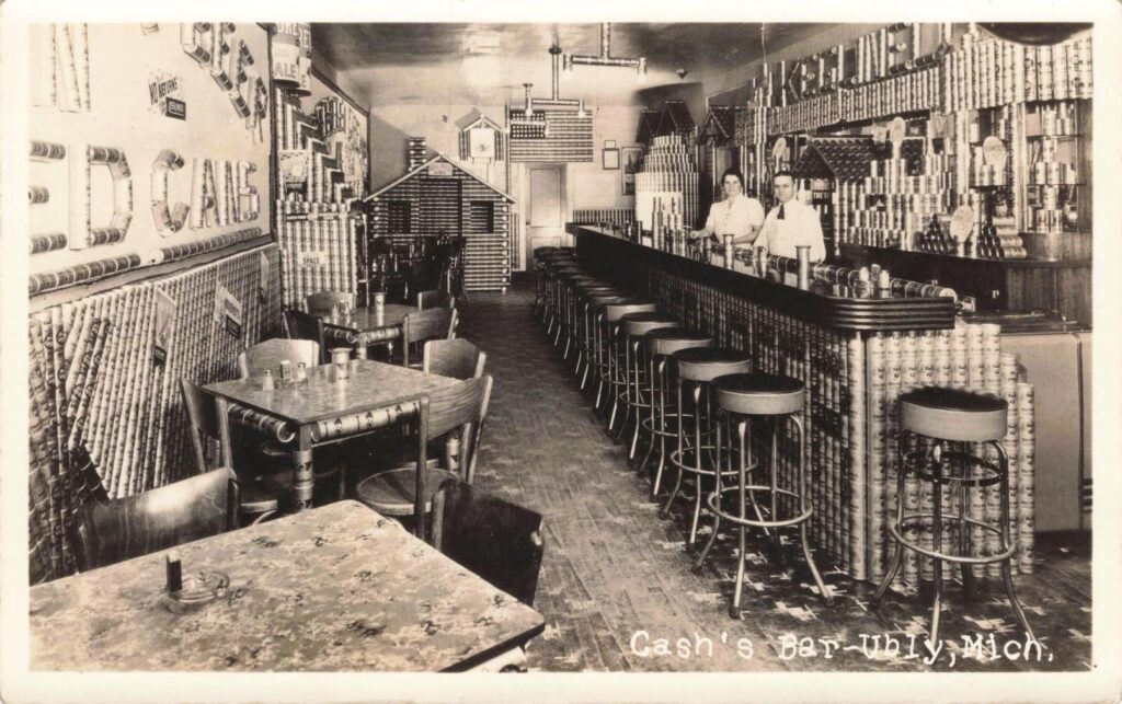 Vintage bar with can decor.
