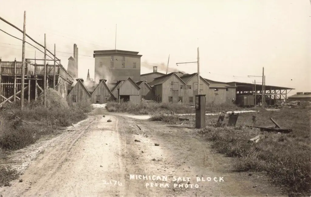 An early 1900s view of the Marine City Salt Works, where a deep well struck rock salt in 1882 and launched a local salt mining industry.