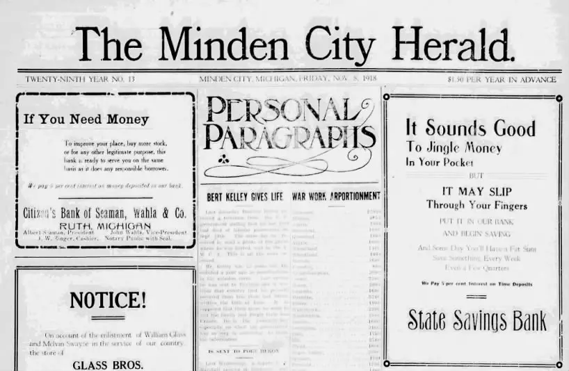 Historic newspaper with advertisements and articles.