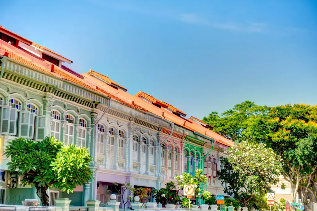 Colorful heritage buildings under blue sky
