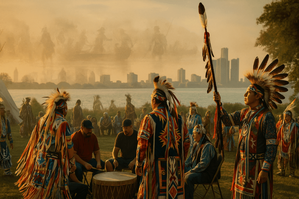 Native American gathering by water