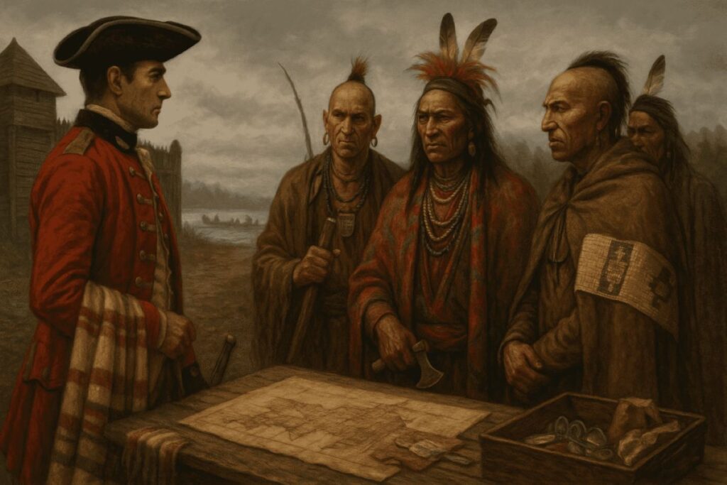 Colonial officer meeting Native American leaders.