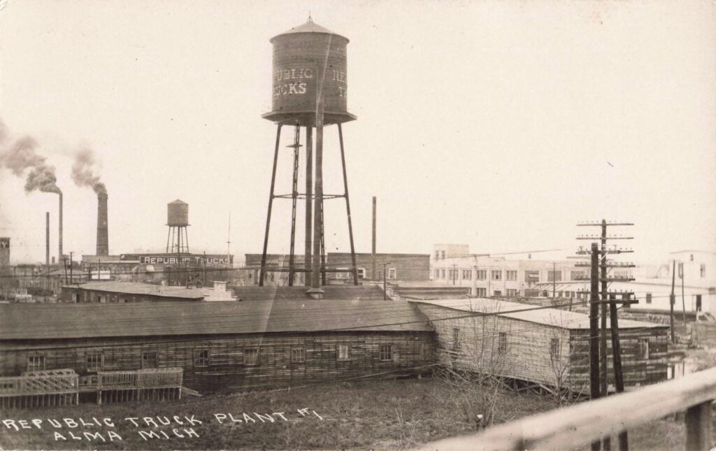 Historic truck plant with water tower.