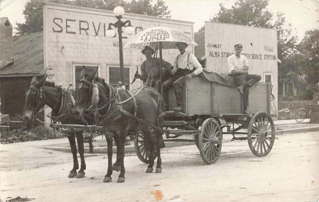 Horse-drawn wagon in historic town.