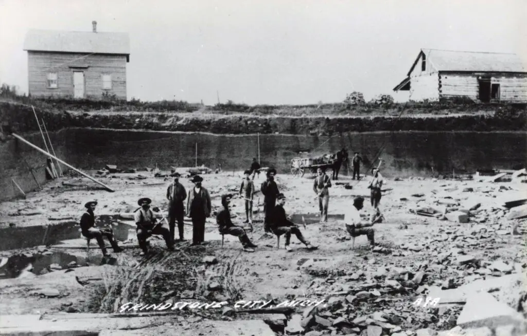 Historical construction site with workers - Grindstone City Quarry