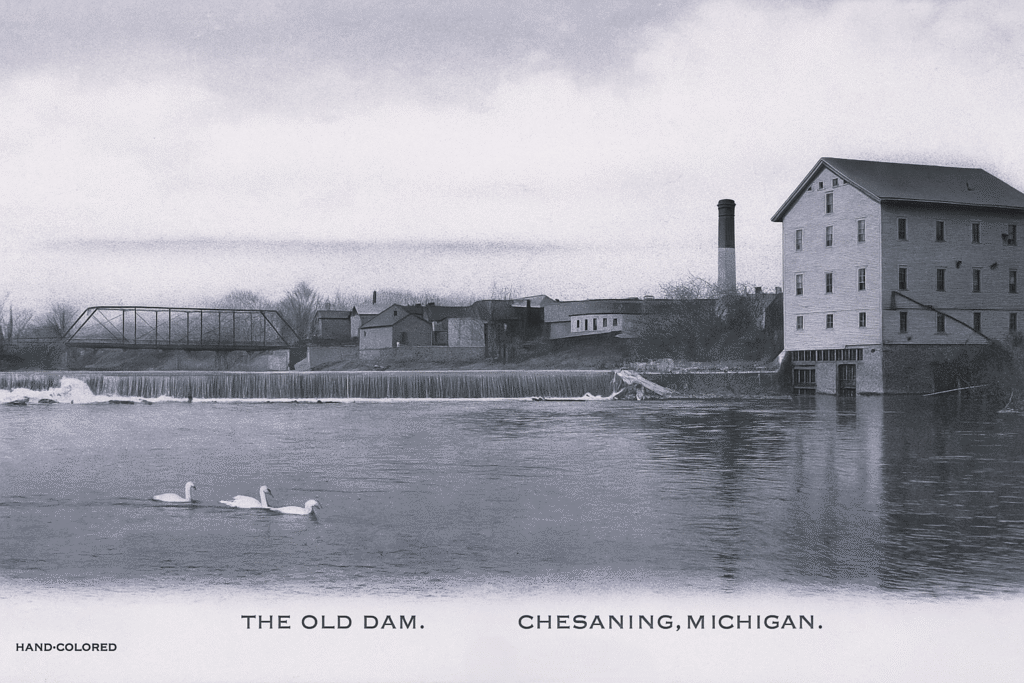Historic dam with swans in water.