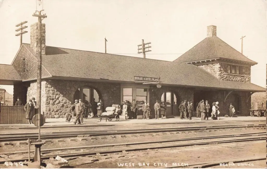 Rail depot labeled West Bay City, early 1900s.