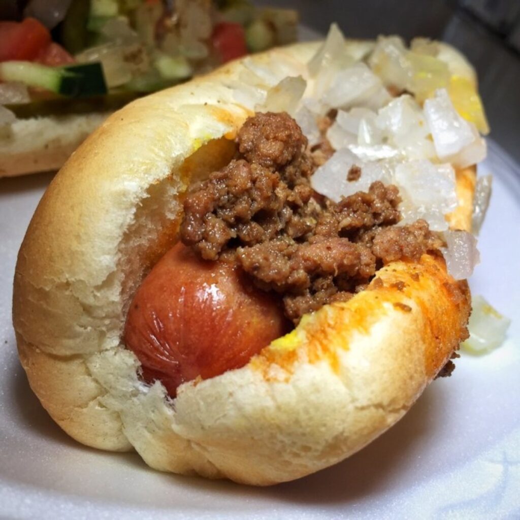 Hot dog with chili and onions