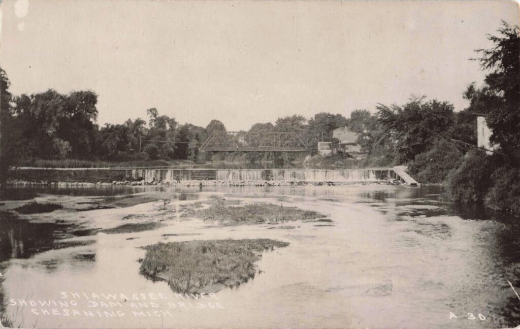 Historic river dam and landscape view.