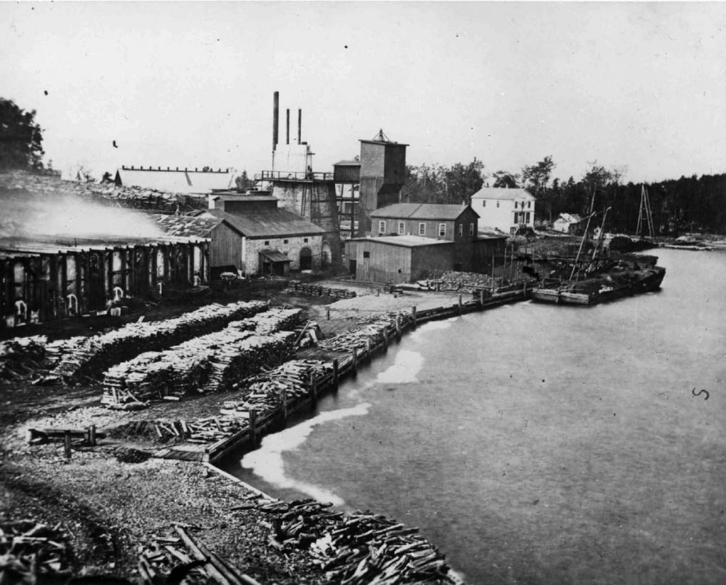 Historic industrial waterfront with buildings