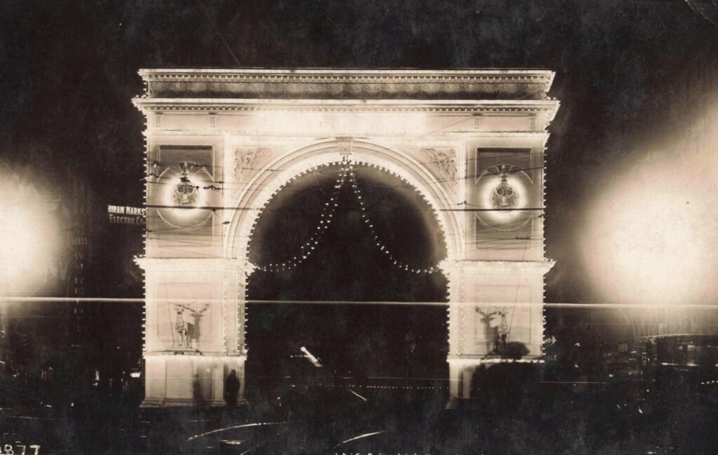 Illuminated archway at night