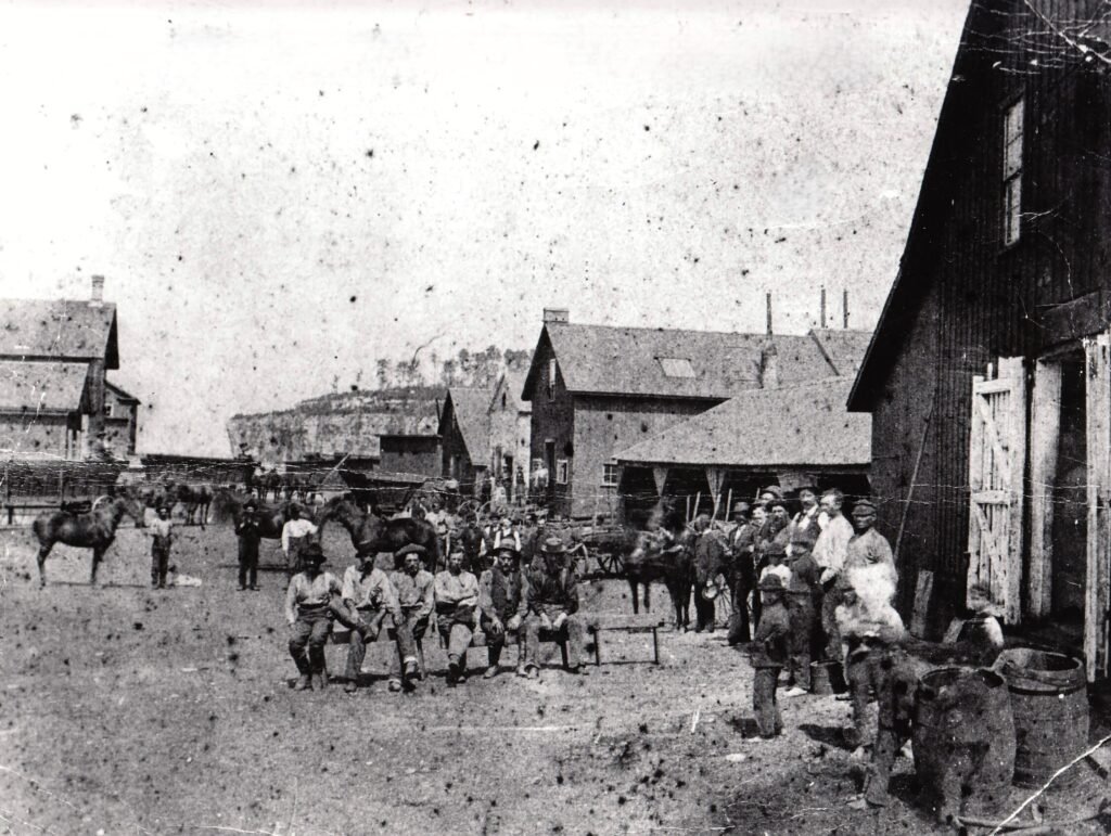 Historic rural scene with people and horses