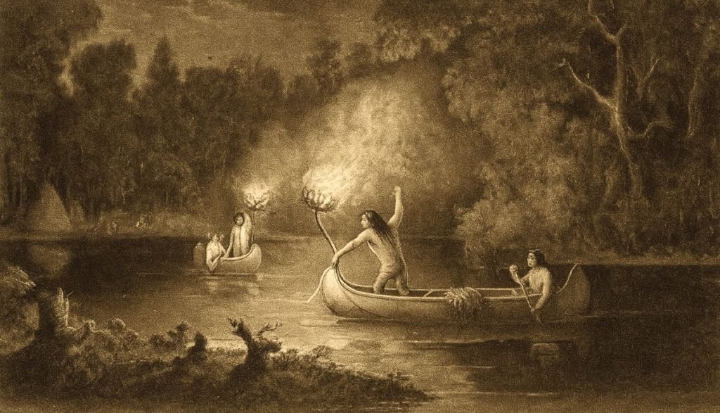 Indigenous people fishing at night