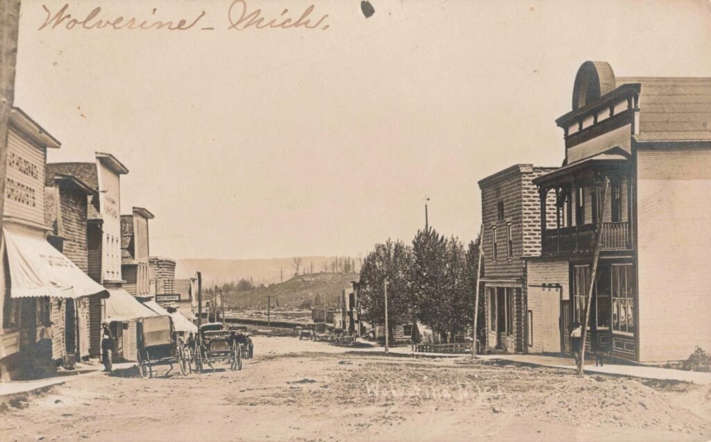Historic street scene in Wolverine, Michigan.