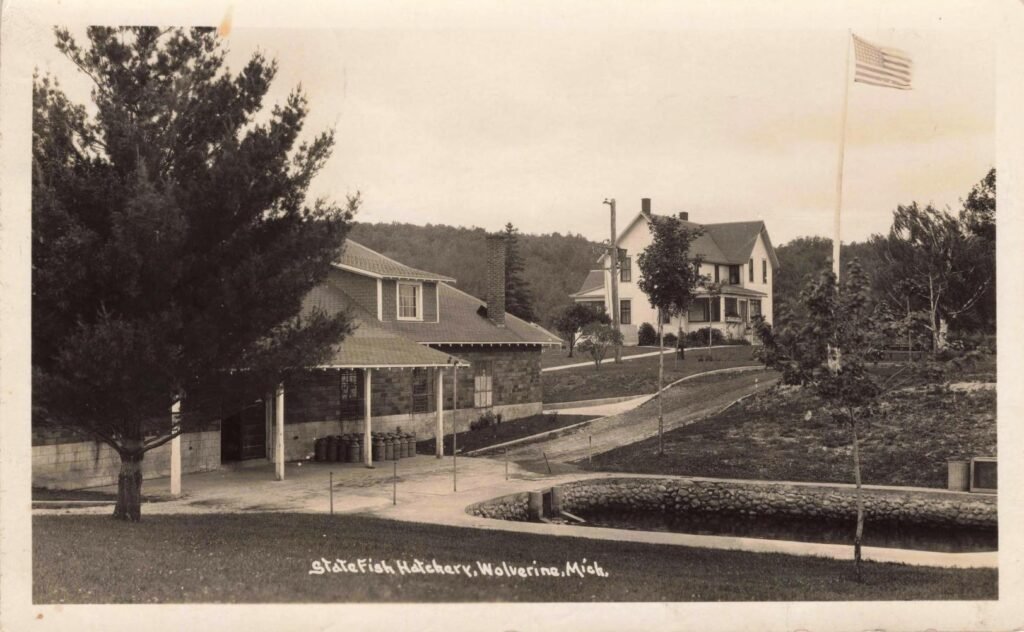 Historic lodge with American flag
