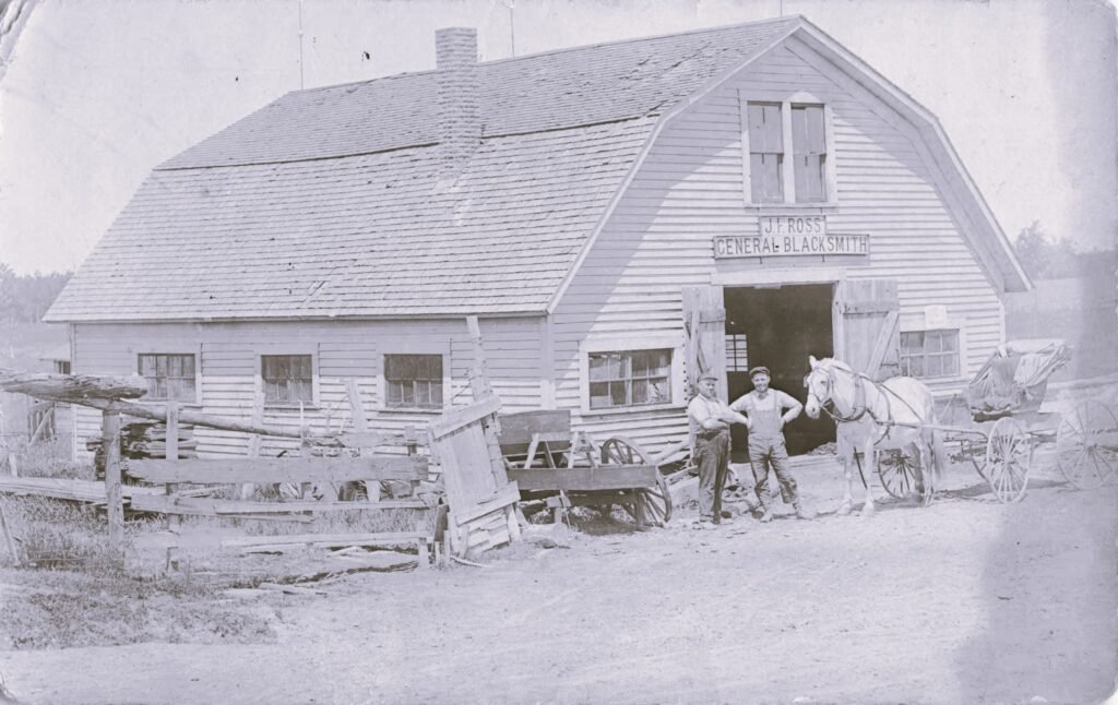 Historic blacksmith shop with horse