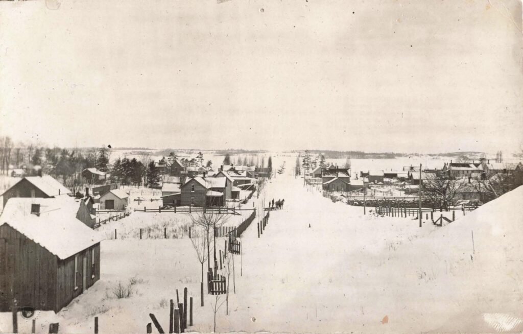 Snow-covered village in winter landscape.