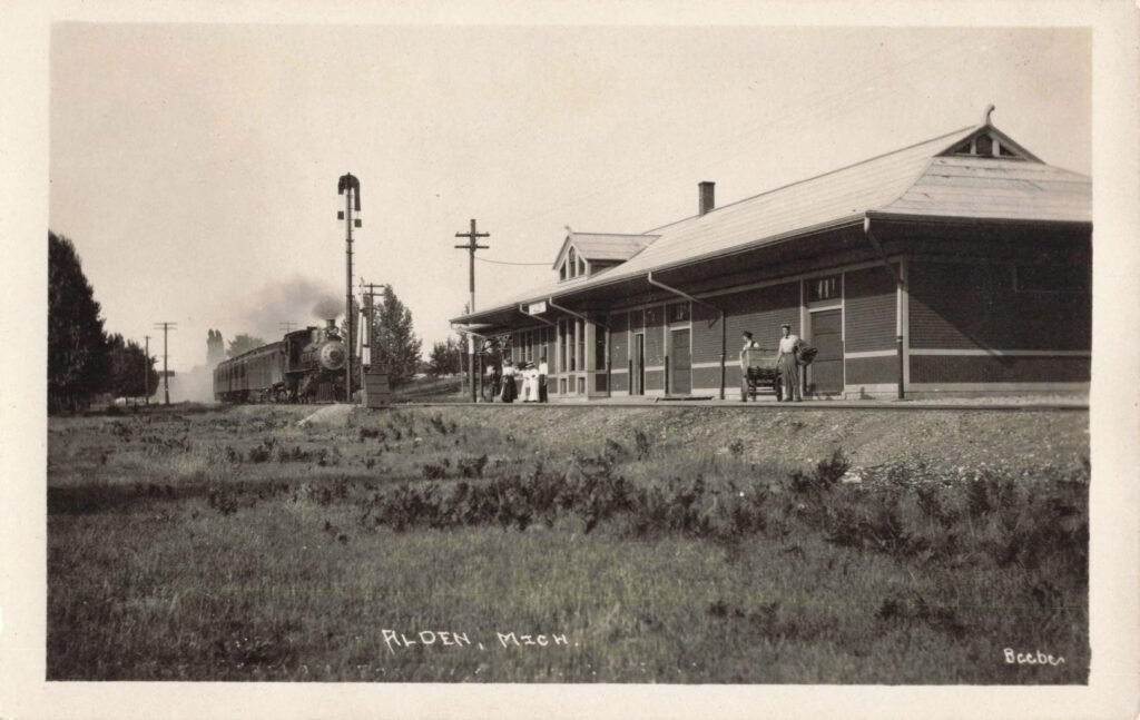 Historic train station with locomotive