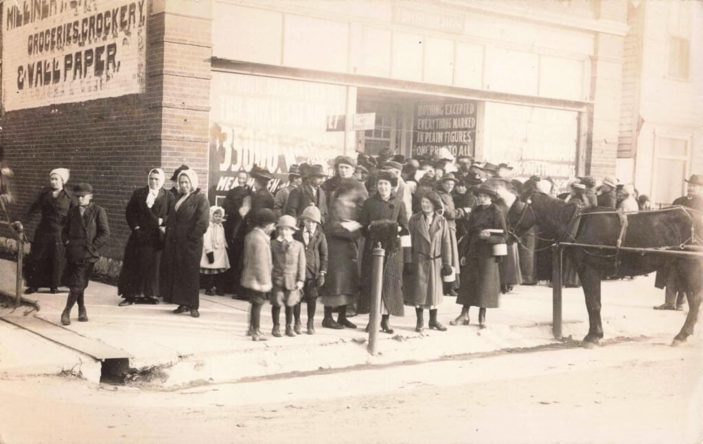 Crowd outside a store in winter.