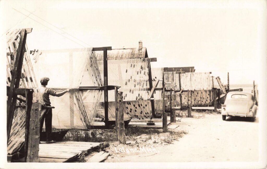 Historic scene with wooden structures.