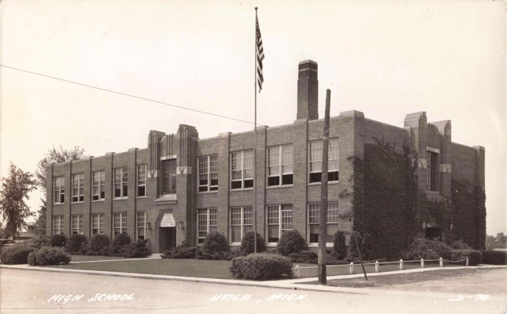 Historic brick high school building.
