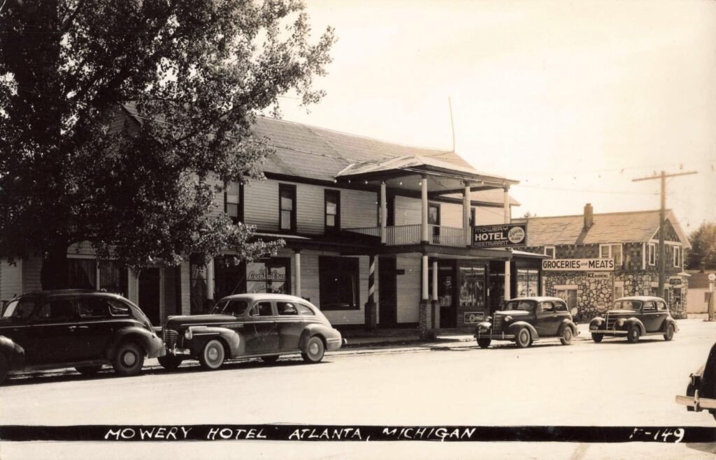 Historic hotel with vintage cars