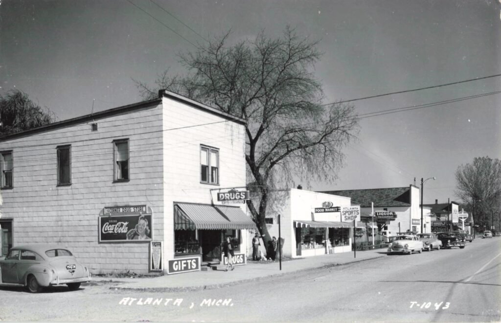 Historic storefronts in Atlanta, Michigan.