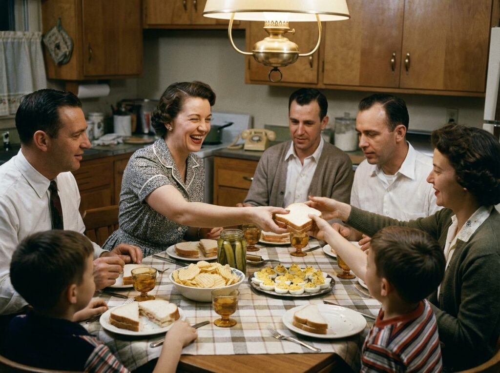 Family gathering around a dining table.