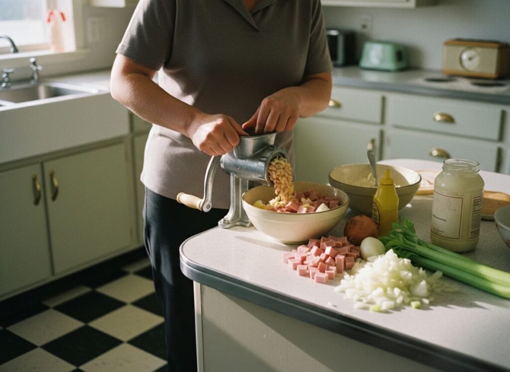 Woman preparing sandwich spread ingredients.