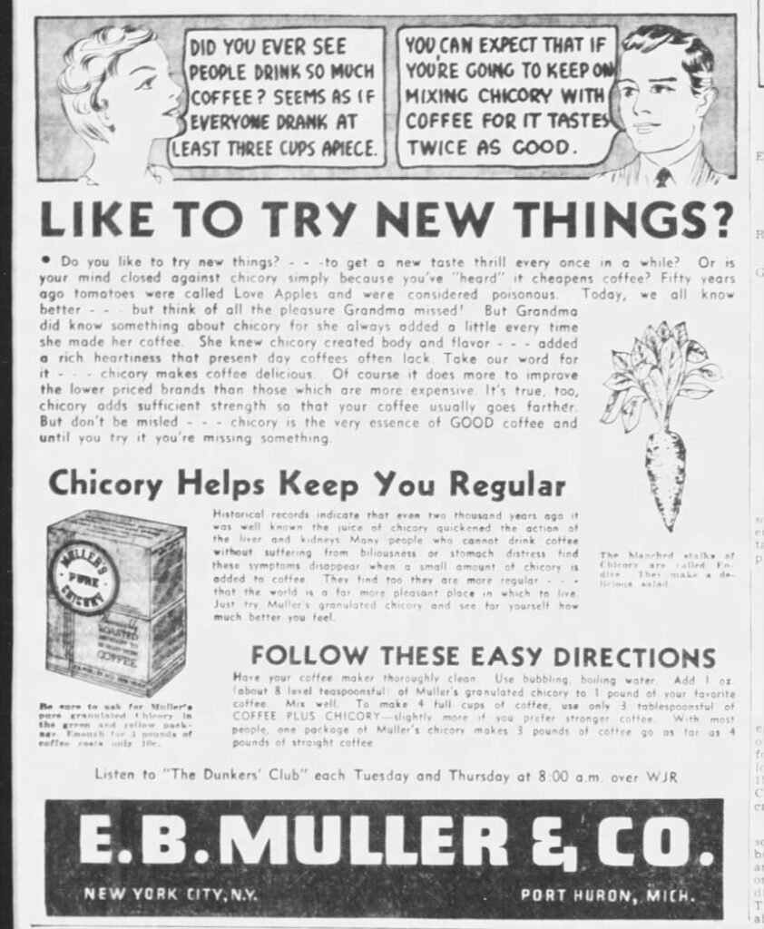 Advertisement for chicory coffee benefits.