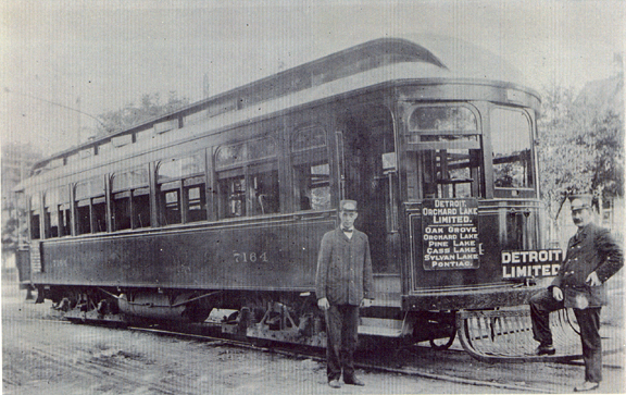 Historic interurban streetcar with passengers
